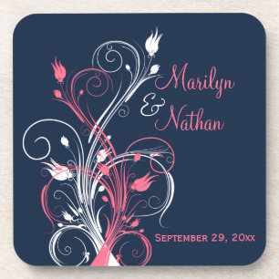 Porta-copo Navy Pink White Floral Wedding Coaster Set (6)