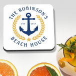 Porta-copo Nome da família Beach House Anchor Dourada Laurel<br><div class="desc">Um conjunto náutico temido de caldeiras de cortiça com seu nome pessoal de família e casa de praia, casa de lago ou outro texto desejado e data estabelecida. Possui uma âncora de barco personalizada, com folhas de ouro estilo laurel e uma estrela em branco ou personalize facilmente a cor base...</div>