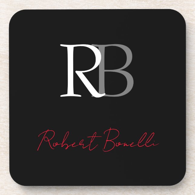 Porta-copo Nome das Iniciais Simples, Preto, Vermelho Vermelh (Frente)