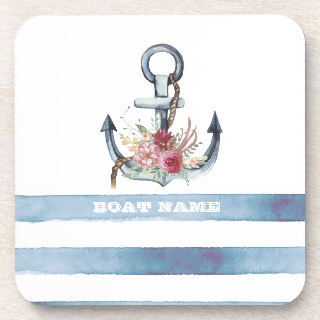 Porta-copo Nome de Barco Náutico, Âncora Flores Listras (Frente)