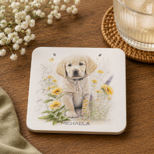 Porta-copo Nome do Monograma do ouro Retriever Puppy e Floral