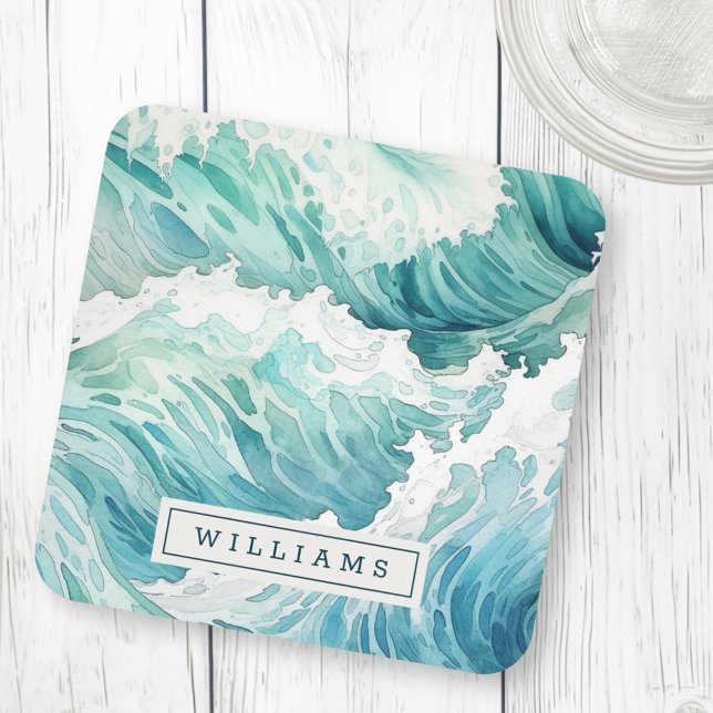 Porta-copo Nome personalizado das ondas do oceano de aquarela (Watercolor ocean waves custom name beverage coaster)