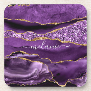 Porta-copo Nome Personalizado de Geodo Glitter Dourado Violet