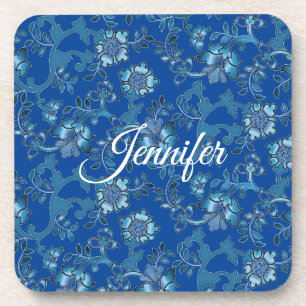 Porta-copo Nome Personalizado Floral Azul Elegante para Calig