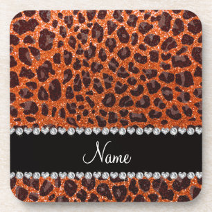 Porta-copo Nome personalizado glitter laranja impressão leopa