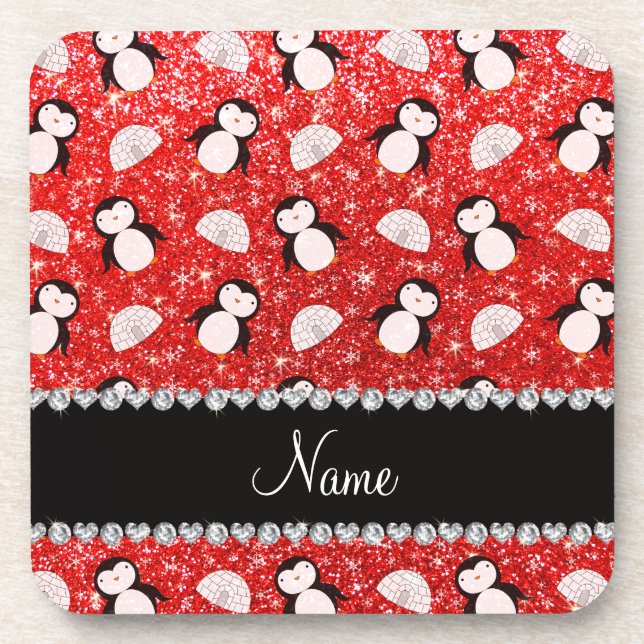 Porta-copo Nome personalizado neon red glitter penguins igloo (Frente)