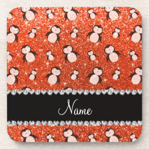 Porta-copo Nome personalizado pinguins de brilho neon laranja
