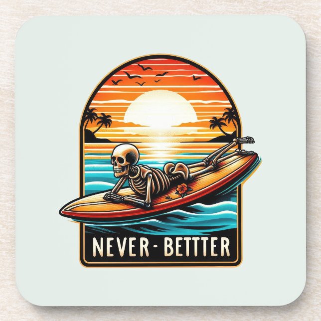 Porta-copo Nunca Melhor - Skelset surfando Onda Sunset (Frente)