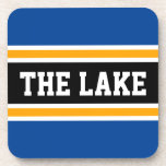 Porta-copo O LAGO Azul Real Branco Laranja Preto Listras<br><div class="desc">Este design esportivo e colorido apresenta o texto O LAGO em uma larga faixa preta destacada com listras de corrida laranja amarelo e branco contra listras externas azul real. O texto e as cores neste design podem ser personalizados.</div>