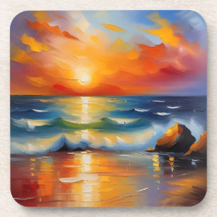 Porta-copo Óleo Pintura do pôr do sol laranja sobre o oceano