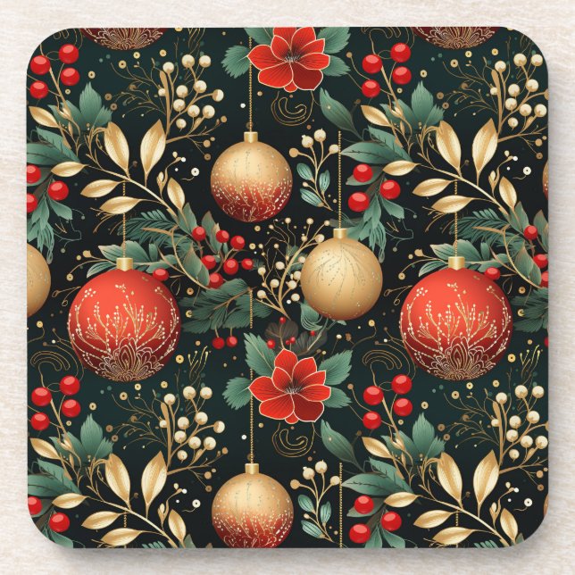 Porta-copo Ornamento Vermelho Dourado de Berry Floral de Nata (Frente)