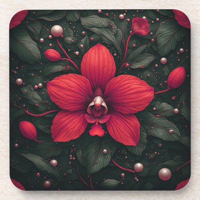Porta-copo Orquídea Vermelha em Flor com Folhas Verdes (Frente)