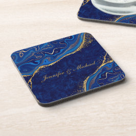 Porta-copo Ouro e Azul Moderno Casamento Elegante Nome Person