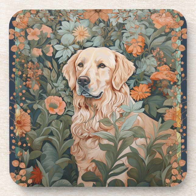 Porta-copo Ouro Retriever no Estilo de William Morris (Frente)