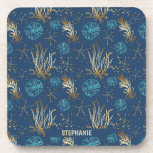 Porta-copo Ouro Starfish e Coral Reef Patterno em Azul