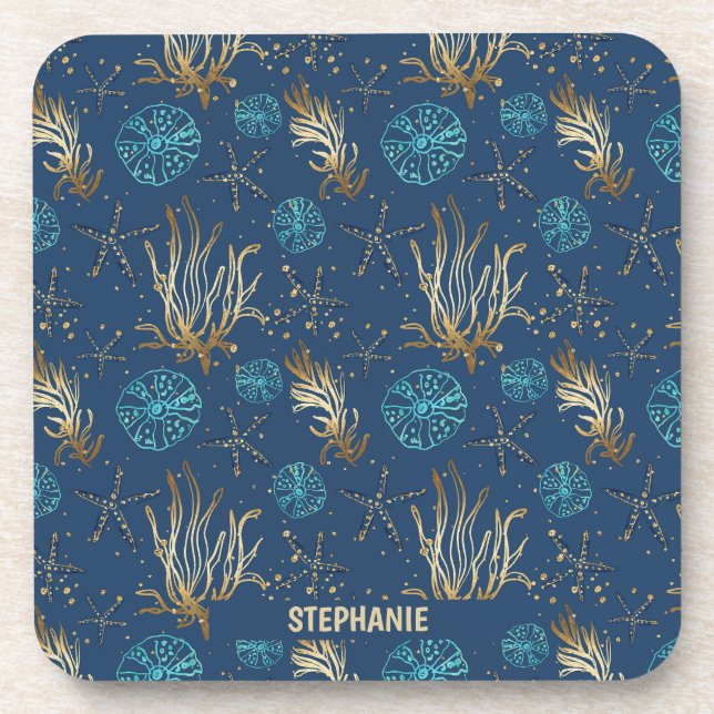 Porta-copo Ouro Starfish e Coral Reef Patterno em Azul (Frente)