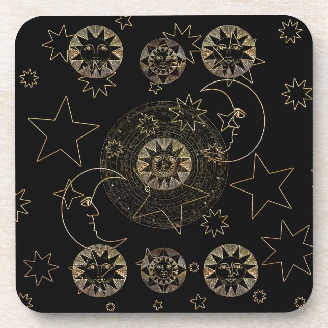 Porta-copo Ouro Sun Moon Stars Astronomia Celestial (Frente)