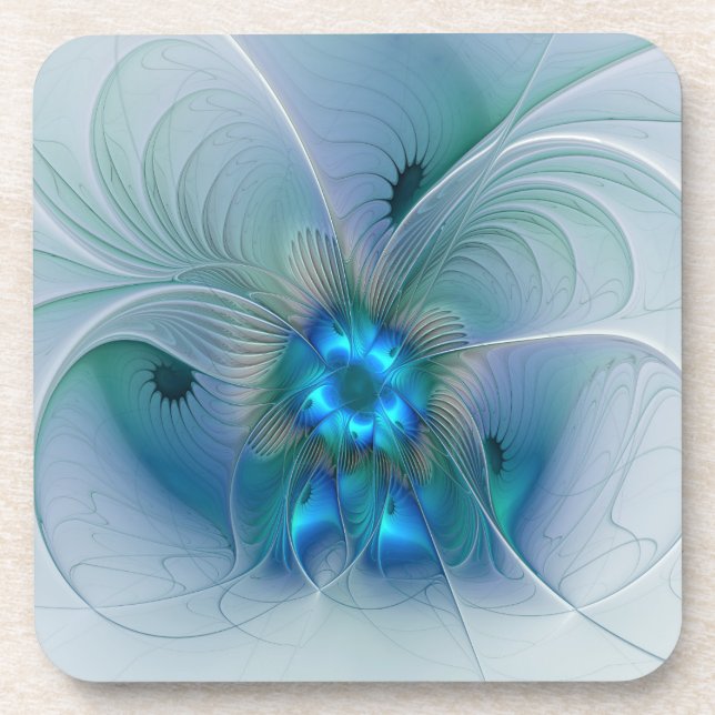 Porta-copo Ovações de Pé, Fractal Azul Turquesa Abstrato (Frente)