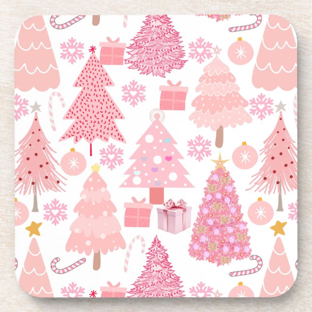 Porta-copo Padrão de Árvores de Natal Rosa (Frente)