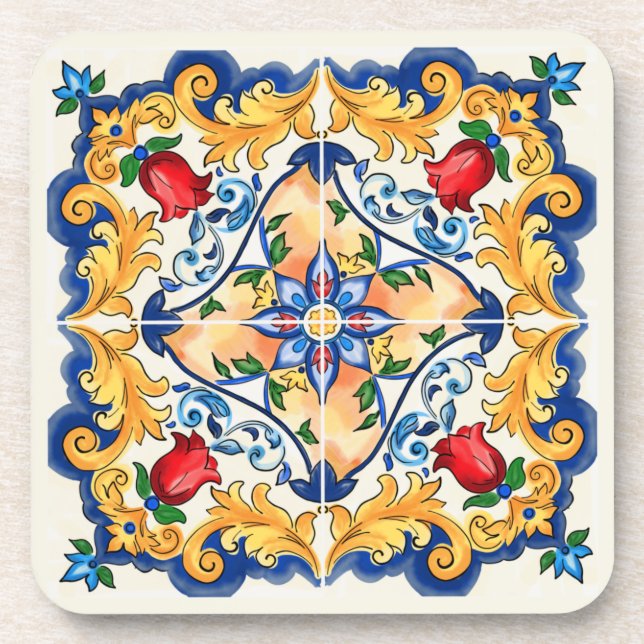 Porta-copo Padrão de Azulejo Colorida Siciliana Majolica (Frente)