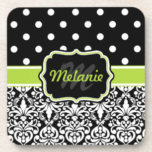 Porta-copo Padrão de Bolinhas de Damask Verde Preto
