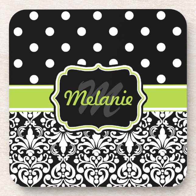 Porta-copo Padrão de Bolinhas de Damask Verde Preto (Frente)