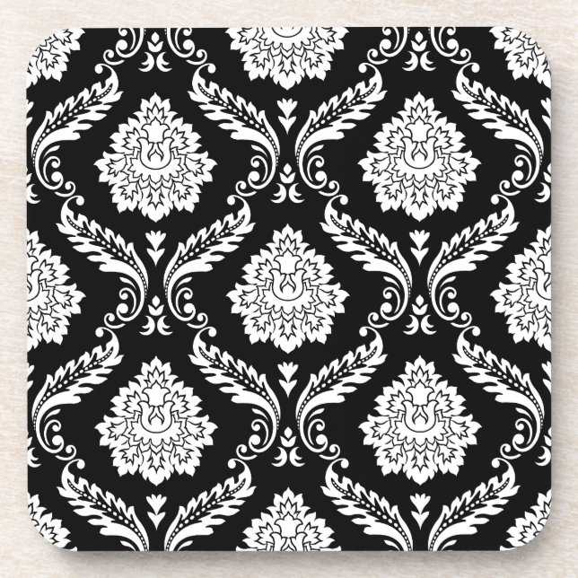 Porta-copo Padrão de Damasco Rococó Branco no Preto (Frente)