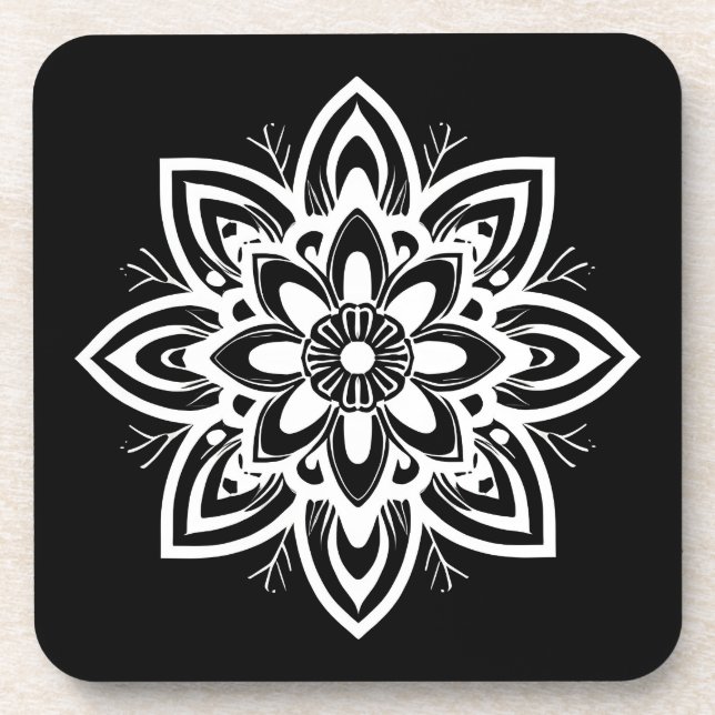 Porta-copo Padrão de Flor Mandala em Preto e Branco (Frente)