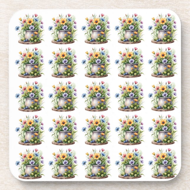 Porta-copo padrão de flores laranja, rosa, amarelo e azul (Frente)