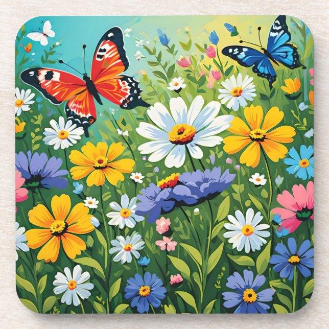 Porta-copo Padrão de Flores Vibrantes de Primavera em Aquarel (Frente)