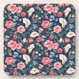 Porta-copo Padrão de Jardim Floral Azul Naval Romântico