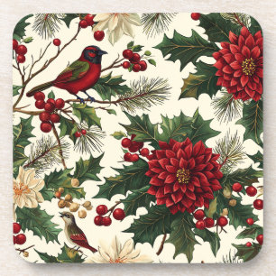 Porta-copo Padrão de Natal Rustic Bird and Poinsettia (10)