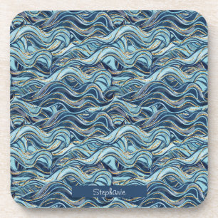 Porta-copo Padrão de Onda Azul Elegante com Destaques Dourado