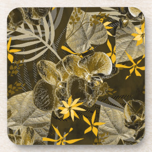 Porta-copo Padrão floral amarelo-acastanhado de aquarelas.