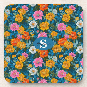 Porta-copo Padrão Floral Colorido Rustic Vintage em Azul (2)