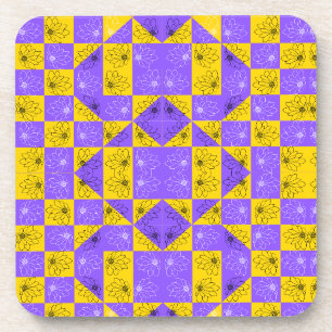 Porta-copo Padrão floral do Checkerboard roxo e ouro moderno