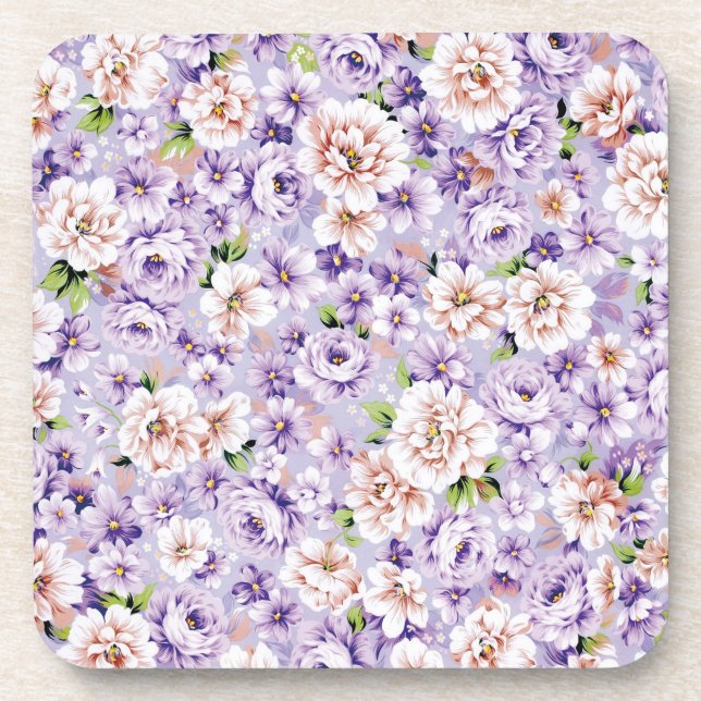 Porta-copo Padrão floral rico com flores roxas e rosa (Frente)