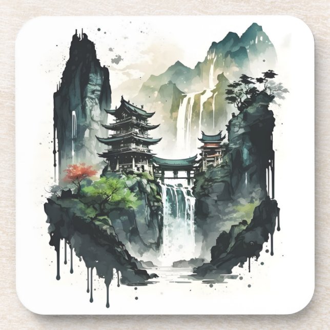 Porta-copo Paisagem Chinesa Antiga com Cascata (Frente)