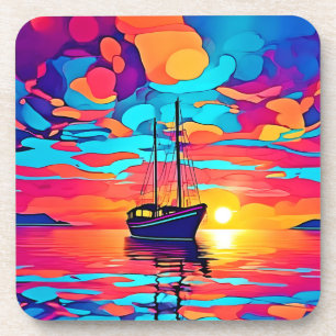 Porta-copo Paisagem Sonhadora de Barco à Vela ao Pôr do Sol