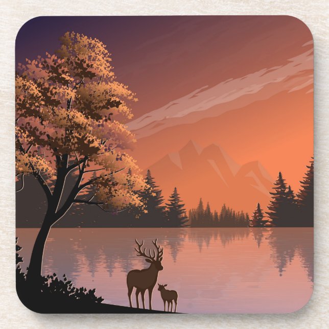 Porta-copo Paisagem Sunrise com Lago e Deers-51207 (Frente)