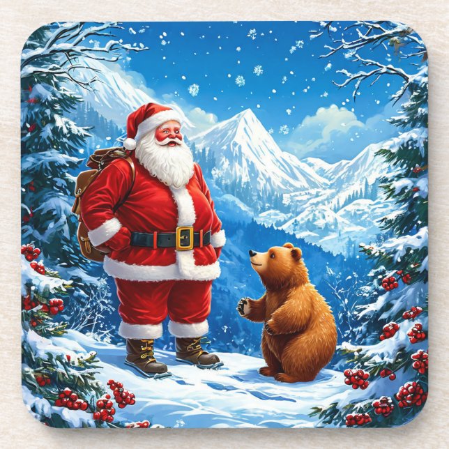 Porta-copo Papai Noel encontra Urso Amigável na Montanha Snow (Frente)