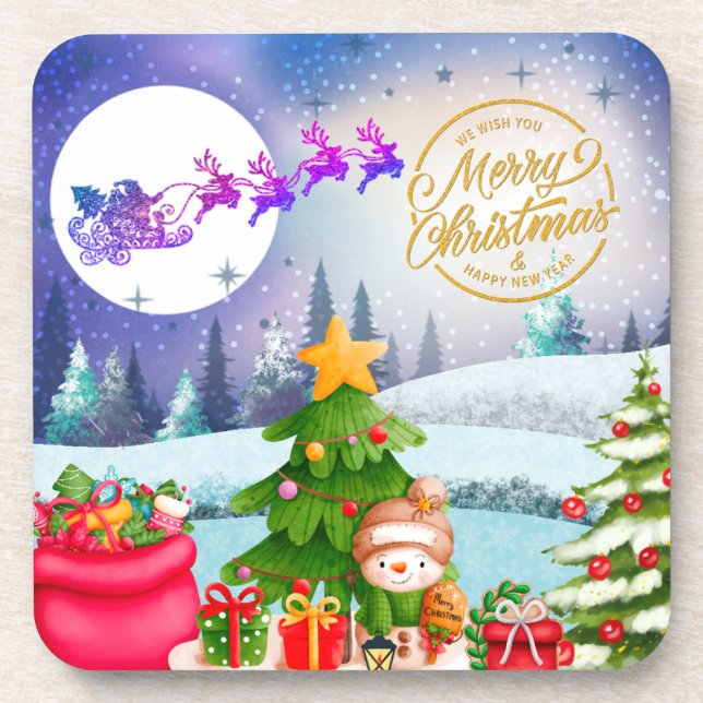 Porta-copo Papai Noel Feliz Natal Árvore Presente & Feliz Ano (Frente)