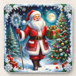Porta-copo Papai Noel segurando um presente em um Natal mágic