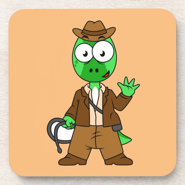 Porta-copo Parasaurolophus Vestido Como Indiana Jones. (Frente)