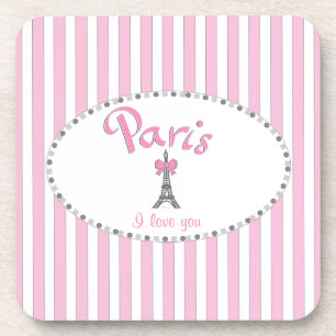 Porta-copo "Paris I Love You"- listras rosa