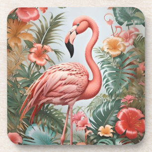 Porta-copo Pássaro Flamingo Rosa Elegante e Flores Tropicais
