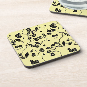 Porta-copo Pássaros em Flores de Cerejeira Pretas em Amarelo 
