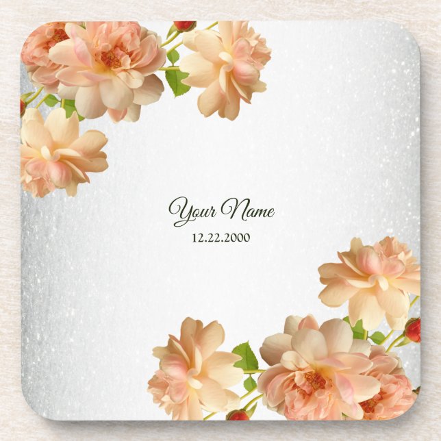 Porta-copo Peach Roses Floral Silver Glitter Wedding Party (Frente)