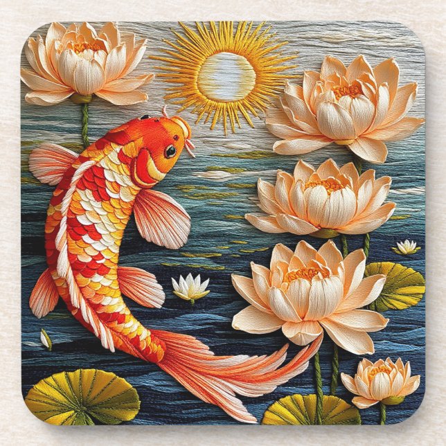 Porta-copo Peixes Koi cercados por Flores de Lotus (Frente)