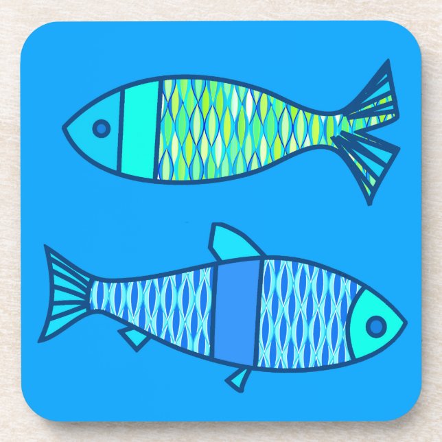 Porta-copo Peixes Modernos Retro, Turquesa e Azul Ceruleu (Frente)